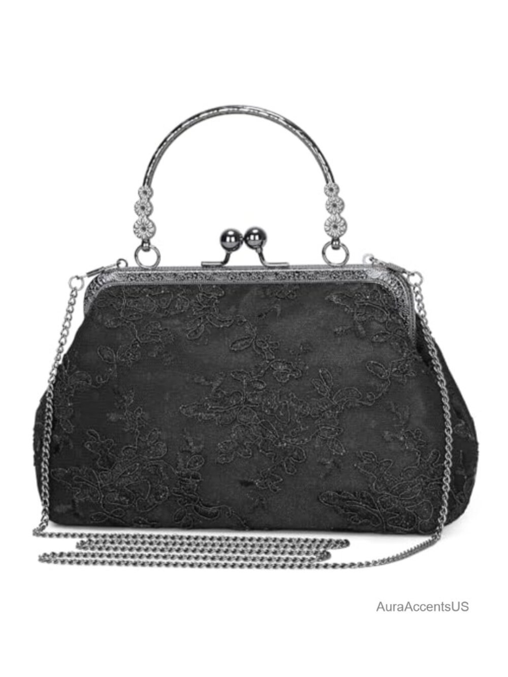 Vintage Lace Floral Clutch Evening Bag, Embroidered Handbag with Detachable